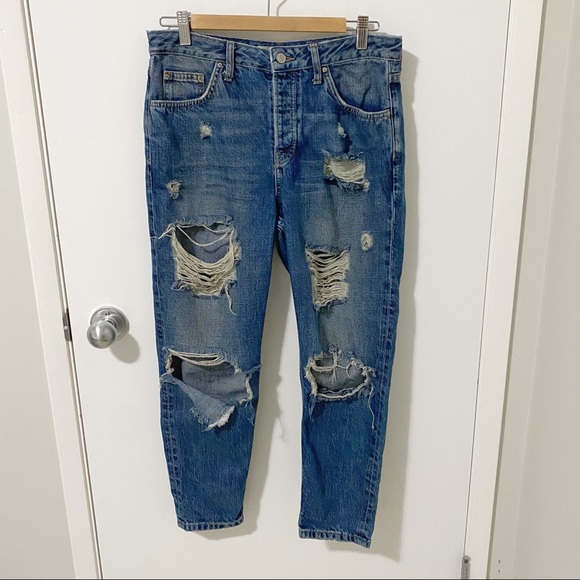 Topshop Moto Hayden Ripped Boyfriend Button Fly Jean Blue 28 - Picture 2 of 14